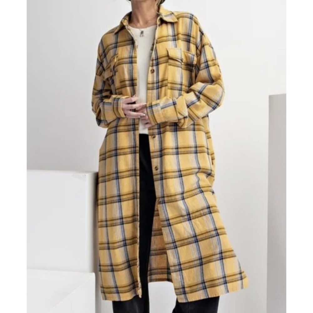 EASEL NWT Plaid Button down duster Size Small - Mustard/Blue (MSRP $128)